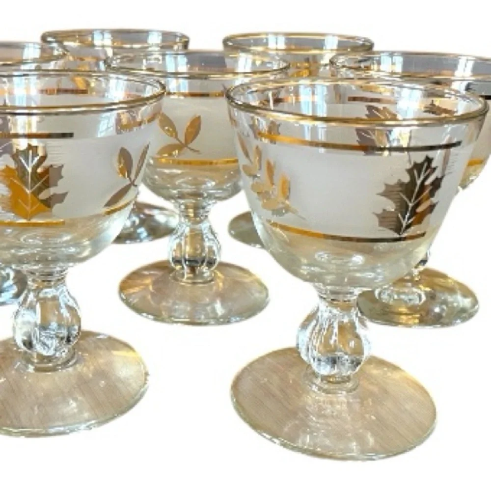 Libbey Golden Foliage champagne/cordial glasses, set of seven, vintage, frosted